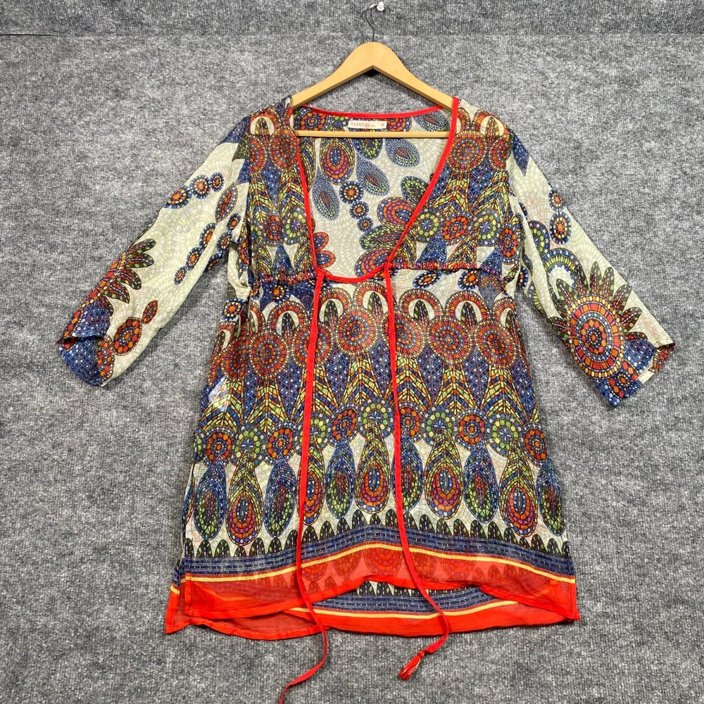 Paradise USA Womens Medium Cotton Mosaic Print Tunic Boho Tie‎ Front Cover Up